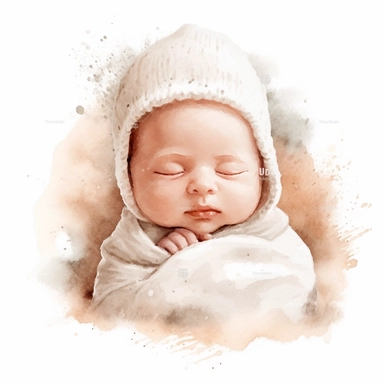 cute watercolor newborn soft beige sleeping baby in crible, watercolor effect, isolated white background, babyshower clipart, soft white tones
