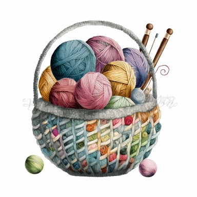 rochet Clipart PNG Watercolor Yarn Ball in Basket Sublimation white background