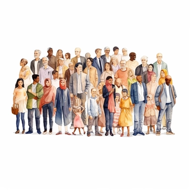 watercolor, Portrait of diverse people standing together Group men and women of different nationalities and ages isolated. United of various generations. Social diversity or population png Full body realistic cartoon in 32K UHD cute. 15 cm thick outline. Black color. There was no shadow on the ground. 8k with realistic watercolors and detailed illustrations. PNG clipart, transparent white background