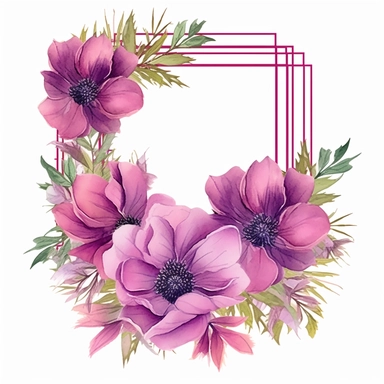 dark Magenta anemone flower bunch, watercolor, clipart, highly detailed, HD, flowers arranged in a square-shaped frame