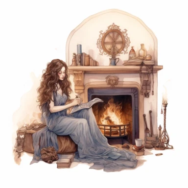 front illumination of ultra-realistic watercolor of full body of an insanely beautiful Comfortable cottage by the fireplace with long curly brown hair, face covering, reading a book, insane quality, mystic, wiccan, art nouveau art style, clipart witch core dream core cottage-core white background no text, isolated on white, ghibli style, watercolor illustration, the