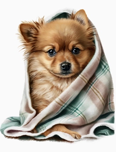 baby dog in a blanket, watercolor clipart, transparent background,