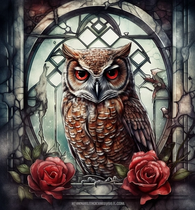 DESIGN A MAGNIFICENT AND EXQUISITE BREATHTAKING ONE-OF-A-KIND HIGH QUALITY HIGHLY DETAILED MASTERPIECE WATERCOLOR CLIPART ILLUSTRATION OF an owl with roses in an image of an old window lace wall plaque, in the style of dystopian cartoon, drew struzan, light white and light red, joe madureira, expressive character designs, avian-themed, aliza razell, WHITE BACKGROUND