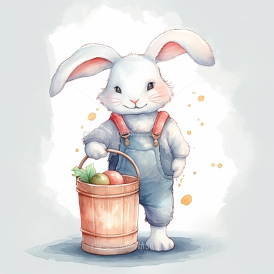 Cute fluffy white rabbit holding milk churn clipart,chibi,smile expression,wear farmer jumpsuit,walking pose, side view, in the style of watercolor cartoon clipart, kate greenaway style,pixar style, high resolution, composition free space, pastel color scheme, soft and tender, watercolour clipart, watercolor illlustration for kids and children,isolated white background, clipart most popular on etsy, book illustration, featured on dribble,print on demand image, PNG tranparent background,detailed 