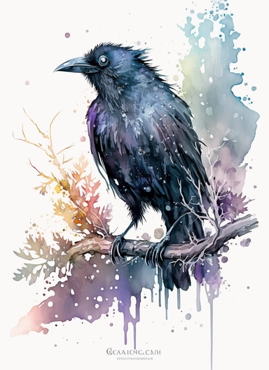 Cute horror gothic raven detailed, watercolor by Thomas w. schaller, clipart, solid background, black color sheme, hd