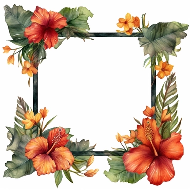 an empty frame surrounded by hibiscus flowers clipart, shades of gold and deep dark green, watercolor