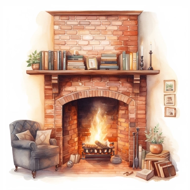 watercolor, hyper realistic, white background with margins, 8k, ultra detailed clipart, a cozy fireplace with logs burning and a mantel decorated with candles, books, and family photos, terracotta color