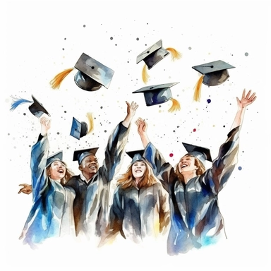 watercolor style, Graduation hat toss: Clipart showing a group of graduates throwing their caps in the air, celebrating the completion of their studies. clearly visible faces of participants. clipart, isolated on white background, 4K