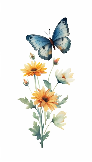wildflower butterfly design, watercolor, clipart, minimal,