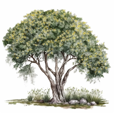create a high quality very detailed watercolor clipart illustration of a large beautiful avocado tree, include grass and flowers, include a large bent trunk and lots of branches, Digital clipart PNG, 8k