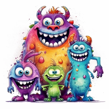 Cute Beautiful Cute Monster Family Sublimation Clipart,Cartoon, hyper realistic, intricate detail, illustration style,high solution,on the white background