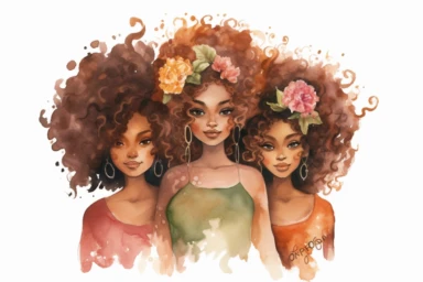 3 brown skin sisters with big hair, colorful watercolor clipart