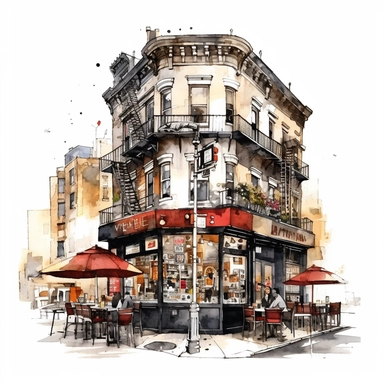 clipart de cafeteria de nueva york, acuarela, 16k, hiper minimalista, megapixel, full color, super detailed,insanely detailed and intricate, ultra detallado