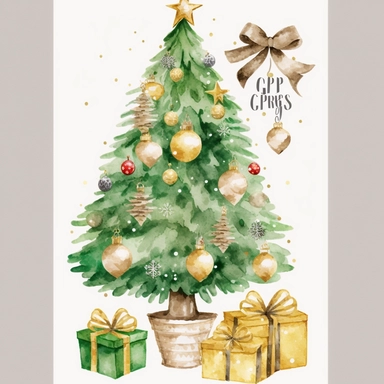 christmas tree with presents clipart, decorated pine tree with christmas golden presents, golden christmas decoration, christmas decor, simple shapes, no lines, no outlines, clipart, featured on dribble, cartoon tree clipart, minimalist, computer vector graphic design clip art, watercolor illustration clipart, watercolour clipart, watercolor illlustration for kids and children, book illustration, print on demand image, PNG tranparent background