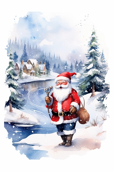 christmas theme Watercolor Cute santa claus wearing red & blue Clipart Collection in beautiful winter landscape with a lot of snow and a small lake, christmas theme, detailed, isolated, white background, one pattern,