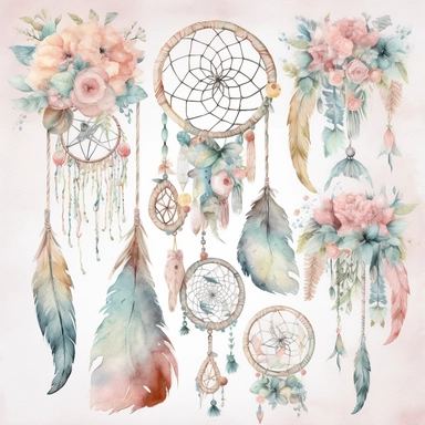 Create a watercolor clipart set of boho-inspired baby items such as dreamcatchers, feather mobiles, and macrame wall hangings. Use soft pastel colors and a white background to make the designs pop, white background