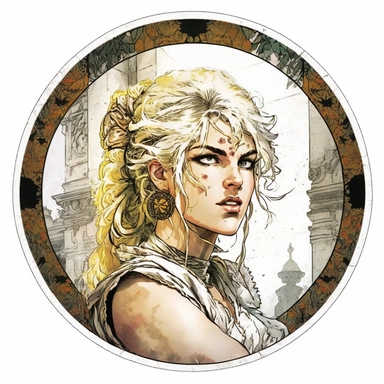 platinum blonde Orientalism bohemian grunge young woman Super Saiyan, handpainted enamel, clipart illustration, circle white background, circular compound design border