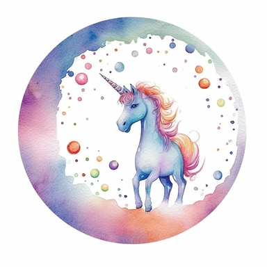 Cute pastel circle border with a very small unicorn in the corner, isolated on white background, watercolor, high detail, unique, intricate detail, hand Sublimation Clipart,Cartoon,hyper realistic, intricate detail, illustration style,high solution,on the white background