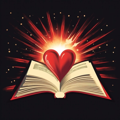 an view of an open bible with a red radiant heart coming out of the pages that is grows in size as it extends out of Bible. I want this in the style of a clip art or a logo.