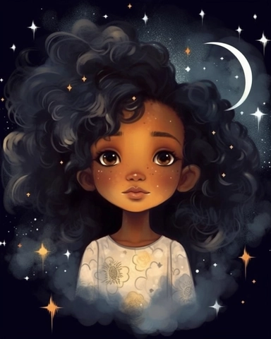 a portrait of a cute black little girl with a luminous dress, mouth smikibg, long hair, wind, sky, clouds, the moon, moonlight, stars, universe, fireflies, butterflies, watercolor clipart,
