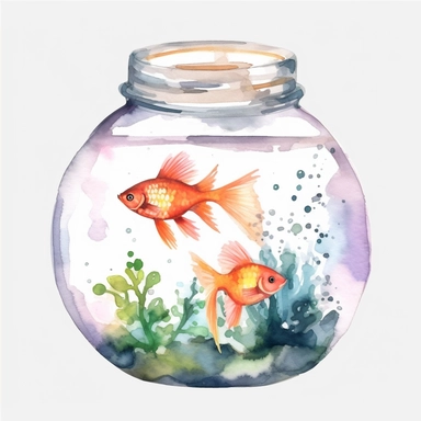 Watercolor fish tank clipart, white isolated background, space out, hd