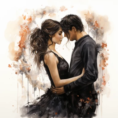 Lovecore. Clipart. A captivating gothic wedding illustration in a watercolor style with a touch of flat design. The artwork features a bride and groom in a whimsical and stylized representation. The composition is set against a clean white background, allowing the bold colors and clear contours to stand out. Emphasize the gothic theme with a color palette consisting of dark shades of black, deep red, and other complementary neutral tones. The illustrations should have a minimalist aesthetic with