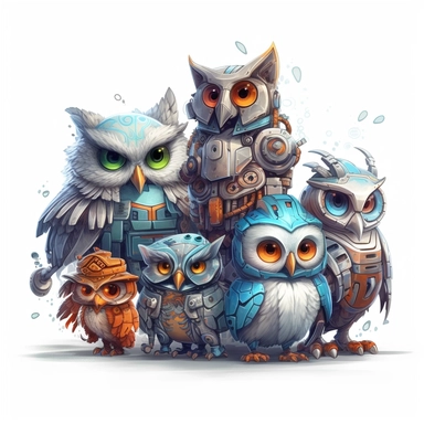 fantasy owl, fantastic owl, wallpaper owl, gods art, aion, A team of 6 supportive, curious, nerdy computer cats and robots, clipart by Sarah Anderson, pure white background