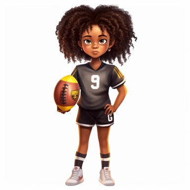 Cool cute black kid football, cool football clothes, female black girl, watercolor style, clipart solid white background
