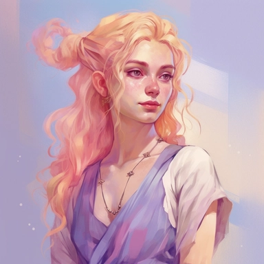 <pastel> elf elven woman with pointy ears, golden hair in a hair clip messy hair, light purple and pink flowing clothing summery airy clothing, desert clothing, bright blue eyes, high fantasy concept art illustration painting