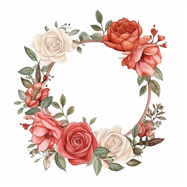 Rose flower frame, circle, vintage colors, illustrated clipart, simple, isolated white background, 8k