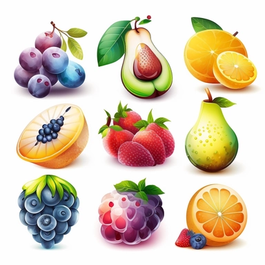 beautiful, 10 fruit stickers collection, clipart design, cartoon, 4k, white background, photo realism