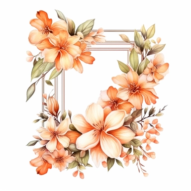 watercolor clipart of a empty suttle dainty floral rectangle frame surrounded by peach color flowers and cream color flowers. Capture the essence of blooming beauty and intricate details in your artwork, white background