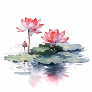 lotus flowers with red blossoms floating on the water artistic watercolor with a delicate touch with shadow gradation white background clipart high quality 8k hyper detailed