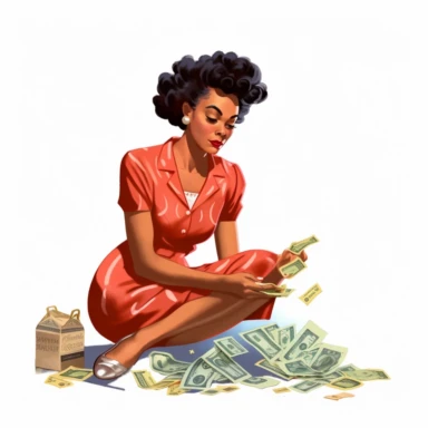 vintage 1950s illustration black woman counting money Clipart, on a white background, vintage aesthetic, character focus, 4K resolution, no background, realistic rendering, use using Cinema 4D