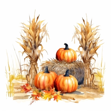 Design clipart featuring fall-themed decorations like bales of hay, cornstalks, and scarecrows adorning the pumpkin patch. watercolor on white background