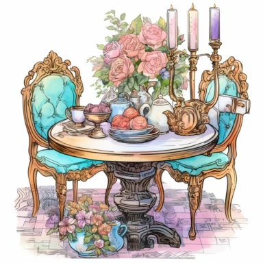 Make a clipart of a fairytale watercolor french country kitchen table, rococo, with bright pastel colors of blues and green, pink roses, gold accents, black outlines, hd, white background