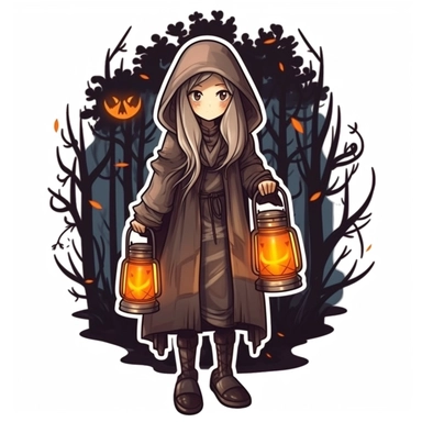 witch in a cloak standing in the forest and holding a lantern clipart sticker