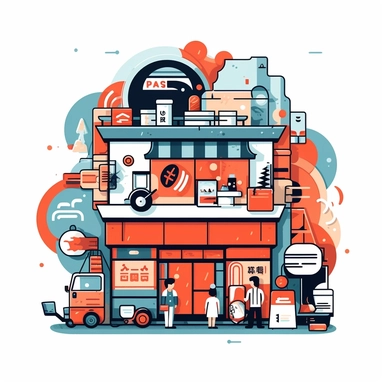 esign an appealing 2D clipart image that represents a Japanese business near Shibuya Crossing, combining the themes of sushi, coffee, a hair salon, and clothing. Create a central illustration that depicts a cheerful storefront with a variety of elements. Incorporate a sushi roll or sushi chef to represent the sushi aspect. Include a coffee cup or barista to symbolize the coffee element. Add a barber's pole or hairstylist to represent the hair salon component. Incorporate a clothing rack or hange