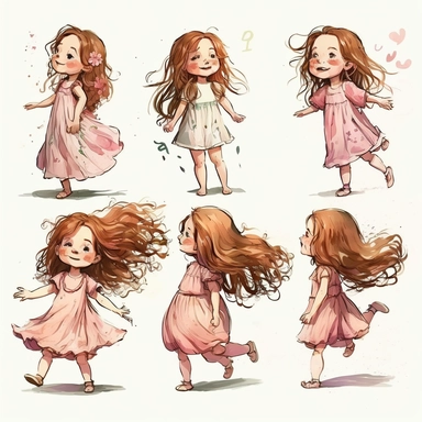 1 cute girl, cute, 5 years old, pink dress, long hair, multiple pose and expressions, children's book illistion style,watercolor clipart,