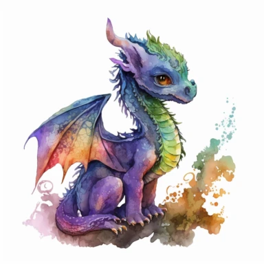 colorful fantasy baby dragon, watercolor, clipart