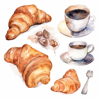 Watercolor breakfast croissants clipart collection. Sweet croissant & coffee clipart. Food illustration clipart. Home bakery logo creator.