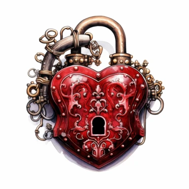 Watercolor intricate steampunk illustration of red padlock, clipart on white background, HQ, HD