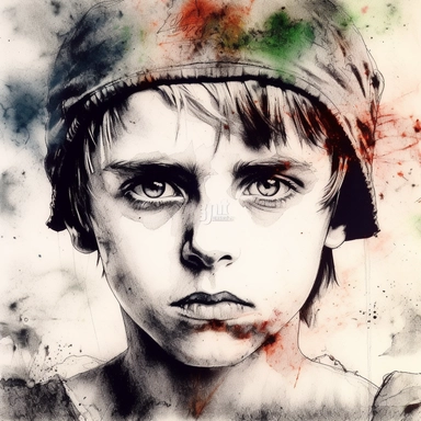 a clipart of a ultra detailed watercolor White Boy looking for us like in U2’s War album cover watercolor as background, v4 ar 2:3