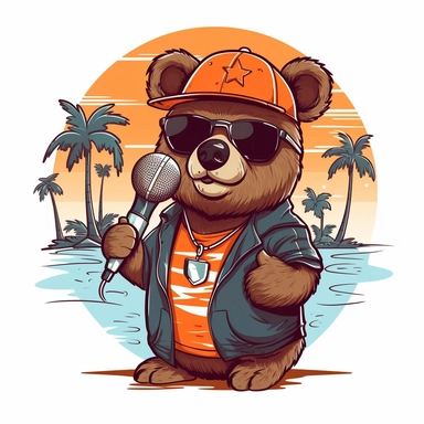 Design a hip hop teddy bear clipart performing on the beach. Show the bear wearing stylish sunglasses, holding a microphone, and surrounded by palm trees, vector, white background, easy to cut, 32k