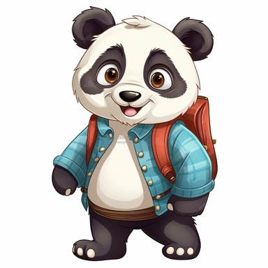 cute panda, student, happy and smiling, clipart, white background, no shadow