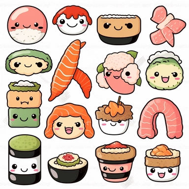 realistic , digital stamps vector asain kawaii food Kawaii Sushi clipart set, Cute sushi clip art, Salmon nigiri, Onigiri, Maki, Ramen, Noodles, Sushi rolls, Japanese food cliparts, Printable Planner stickers, Vector graphics, line art, black and white
