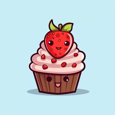 Cute strawberry and chocolate cupcake with a cute cherry flat vector design cartoon for clipart and logo png