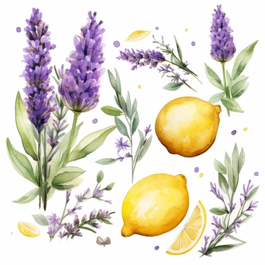 watercolor lavender and lemon garden clipart on white background