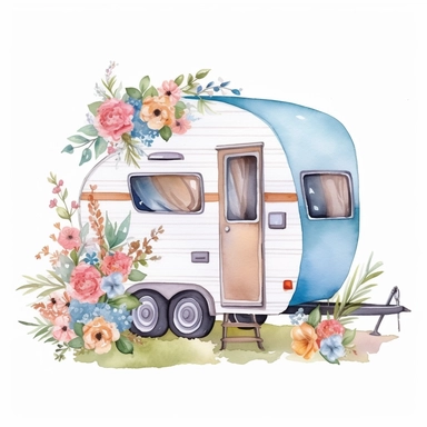 travel camping trailer with cute flowers and trees behinds the backgound clipart watercolor