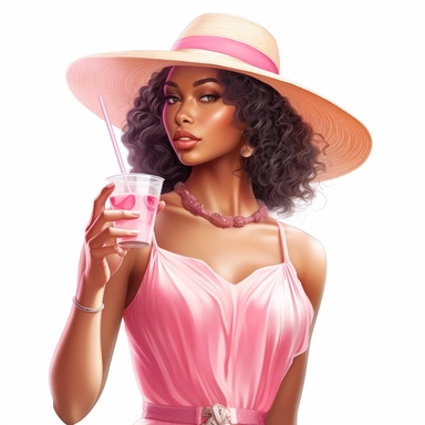 Beautiful pretty black girl wearing summer hat clipart, holding a drink, pink outfit, highly detailed, 8k, white background